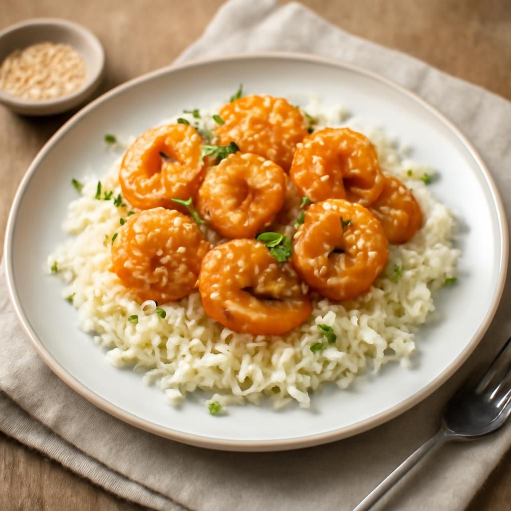 Camarones con miel y sésamo en leche de coco en Thermomix
