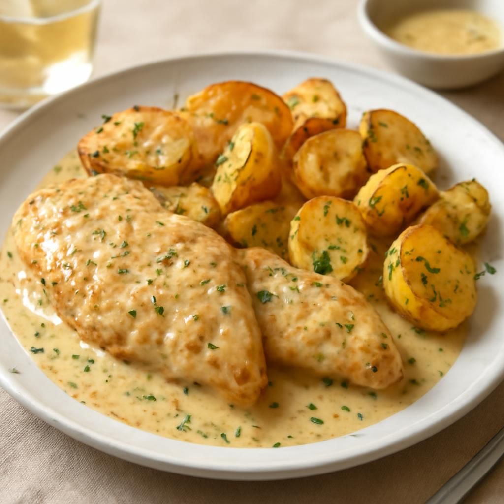 Filetes de pollo, salsa de mostaza y patatas en thermomix