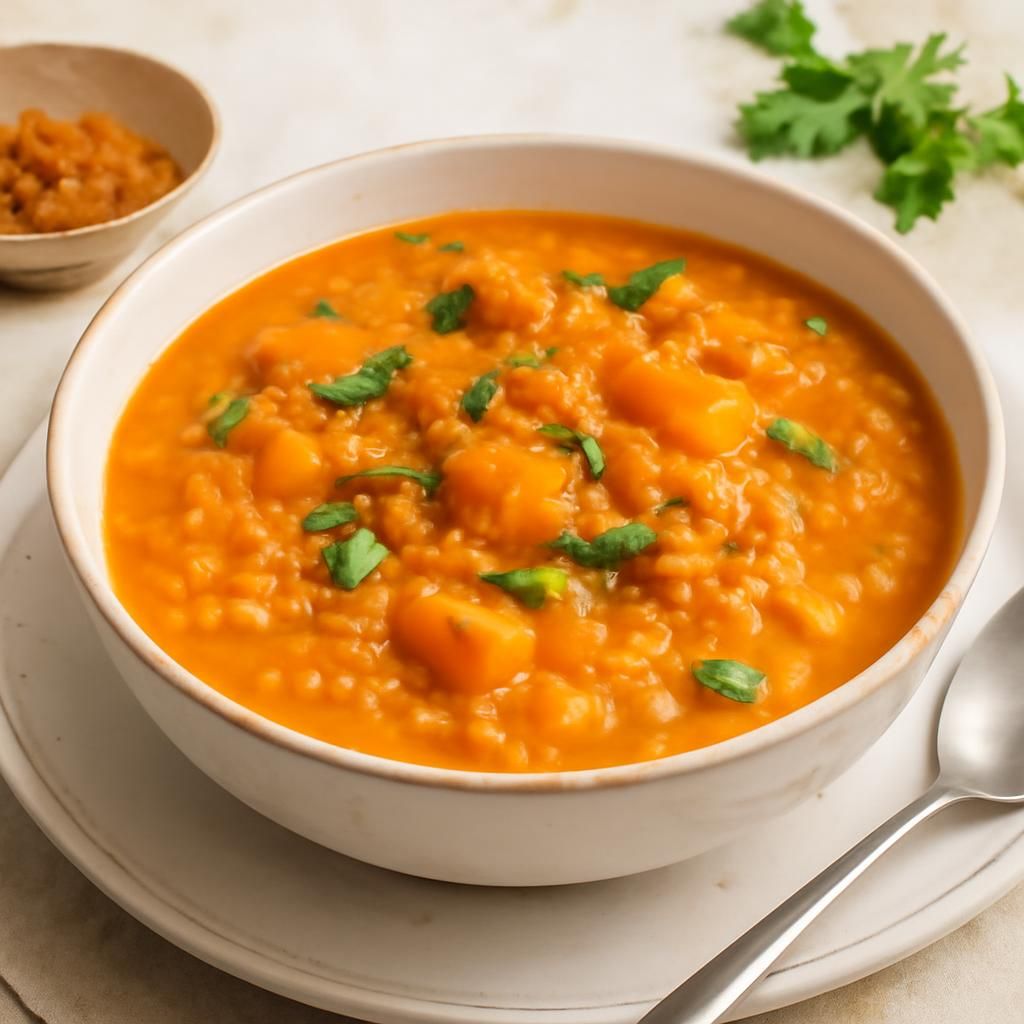 Sopa de lentejas rojas y calabaza
